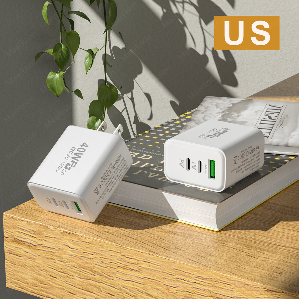Total 60W USB PD Fast Charger 3 Ports EU/US Plug Wall Charger Adapter For iPhone 15 14 Xiaomi Samsung Huawei USB C Phone Charger