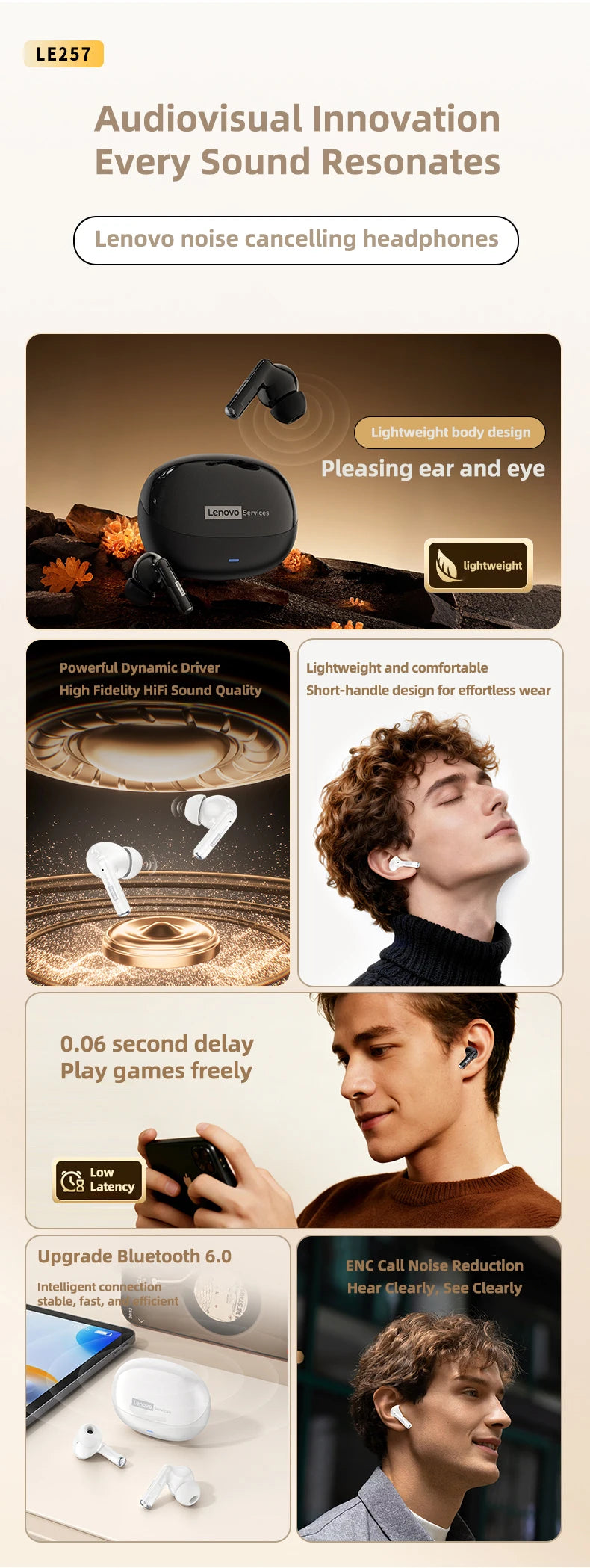  Lenovo LE257 Headphones TWS Wireless Bluetooth 6.0 Earphone HiFi Sound ENC Call Noise Reduction Gaming Sports Earbuds With Mic