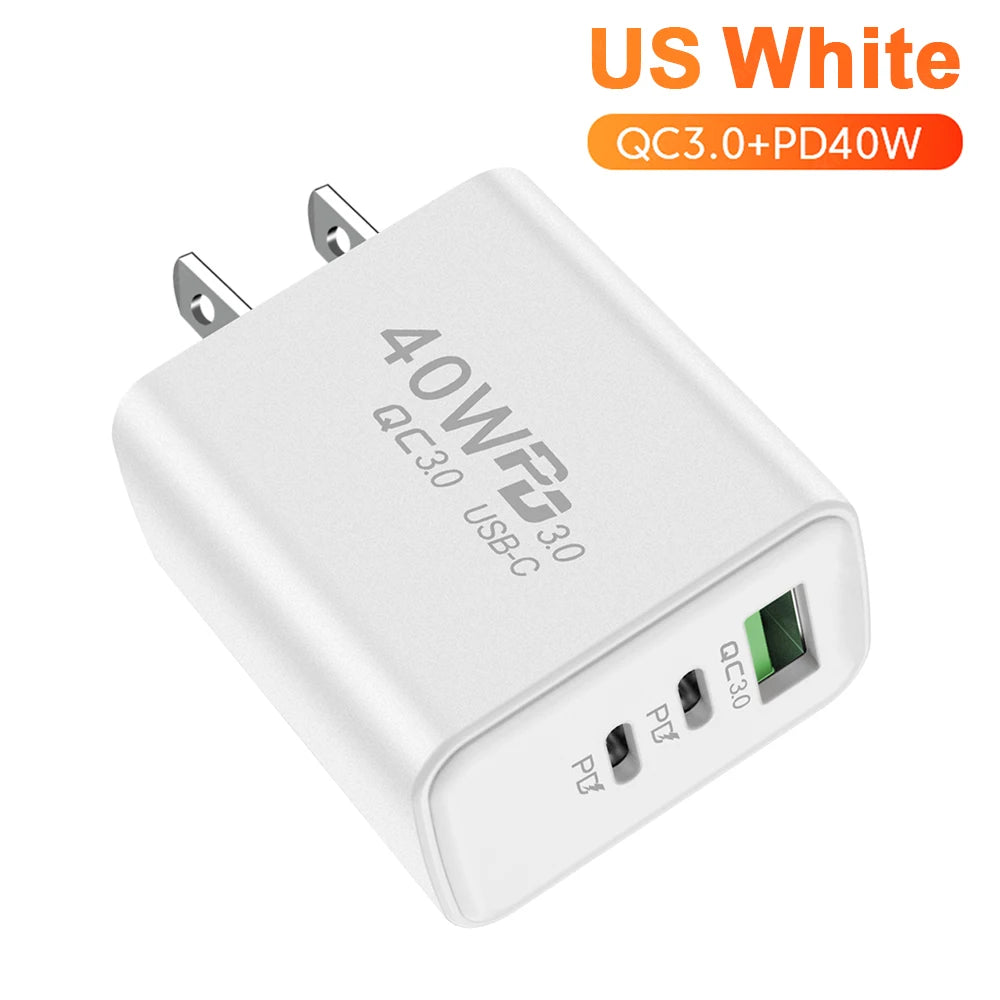 Total 60W USB PD Fast Charger 3 Ports EU/US Plug Wall Charger Adapter For iPhone 15 14 Xiaomi Samsung Huawei USB C Phone Charger