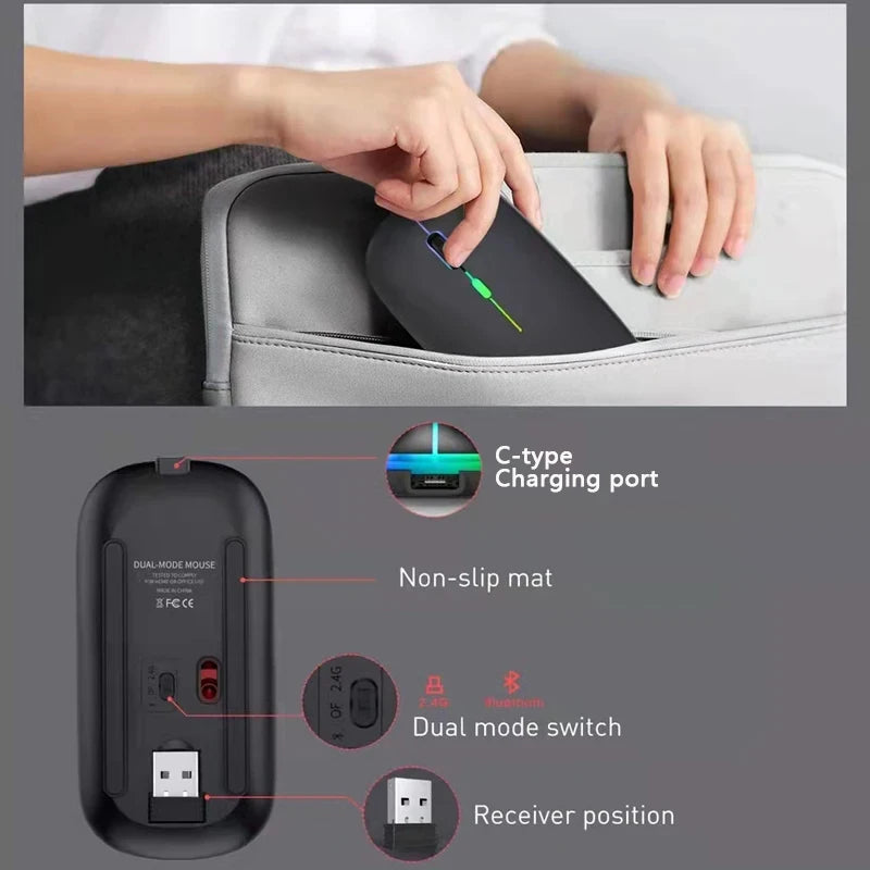 Wireless Bluetooth Mouse 2.4GHz Dual Modes RGB Rechargeable Mice RGB Ergonomic Silent Click Mouse For PC iPad Laptop PC Computer