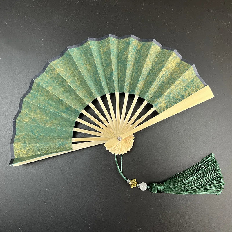 4-6 Inch Mini Fan Colorful Dark Green Gilded Rice Paper Folding Fan Calligraphy And Painting Children'S Hanfu Fan Portable Fan