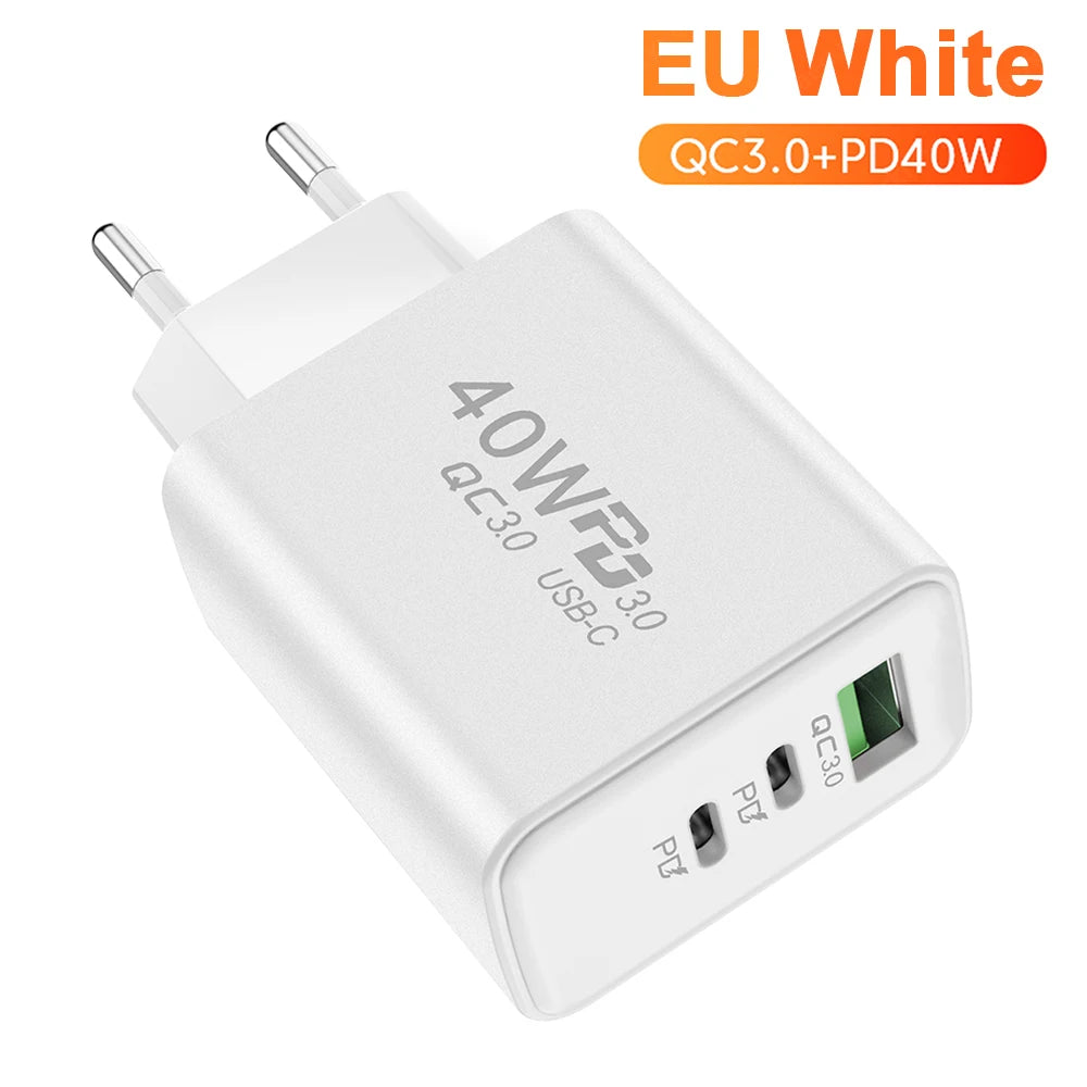 Total 60W USB PD Fast Charger 3 Ports EU/US Plug Wall Charger Adapter For iPhone 15 14 Xiaomi Samsung Huawei USB C Phone Charger