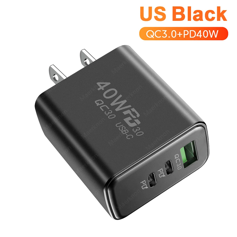Total 60W USB PD Fast Charger 3 Ports EU/US Plug Wall Charger Adapter For iPhone 15 14 Xiaomi Samsung Huawei USB C Phone Charger