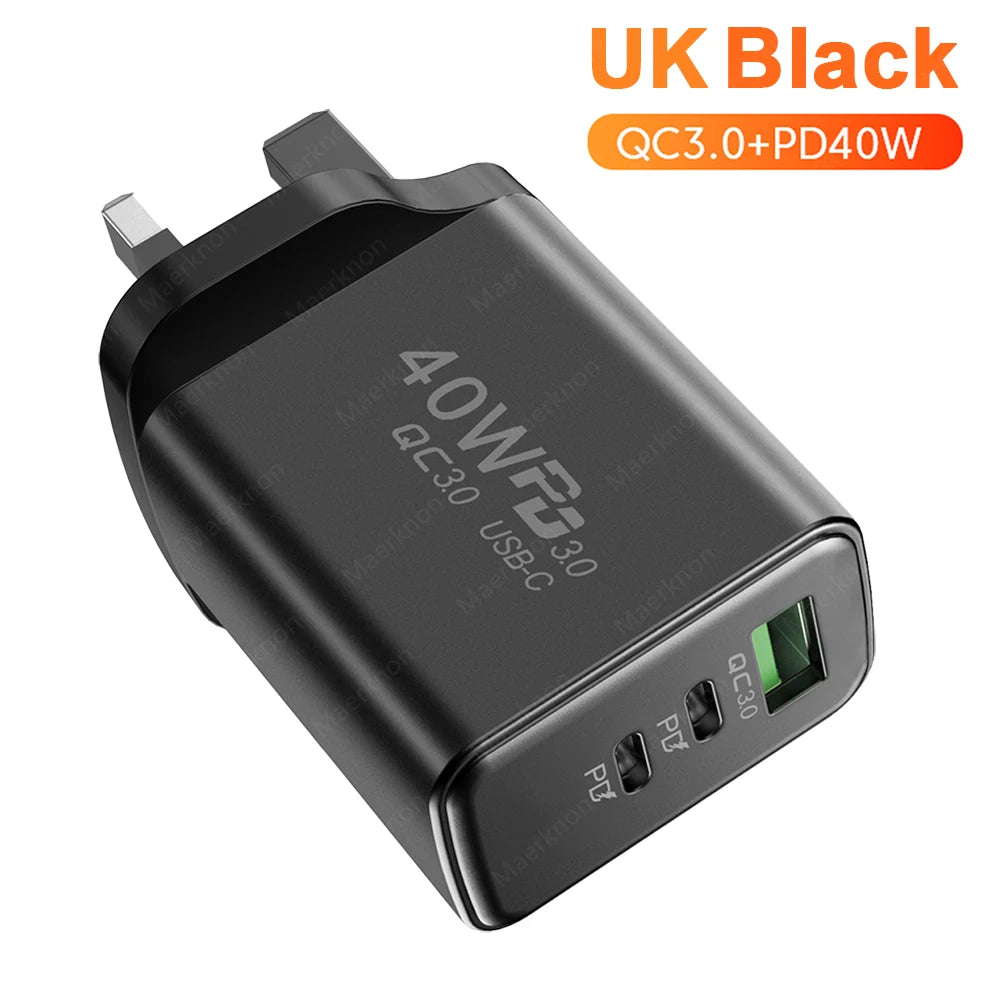 Total 60W USB PD Fast Charger 3 Ports EU/US Plug Wall Charger Adapter For iPhone 15 14 Xiaomi Samsung Huawei USB C Phone Charger