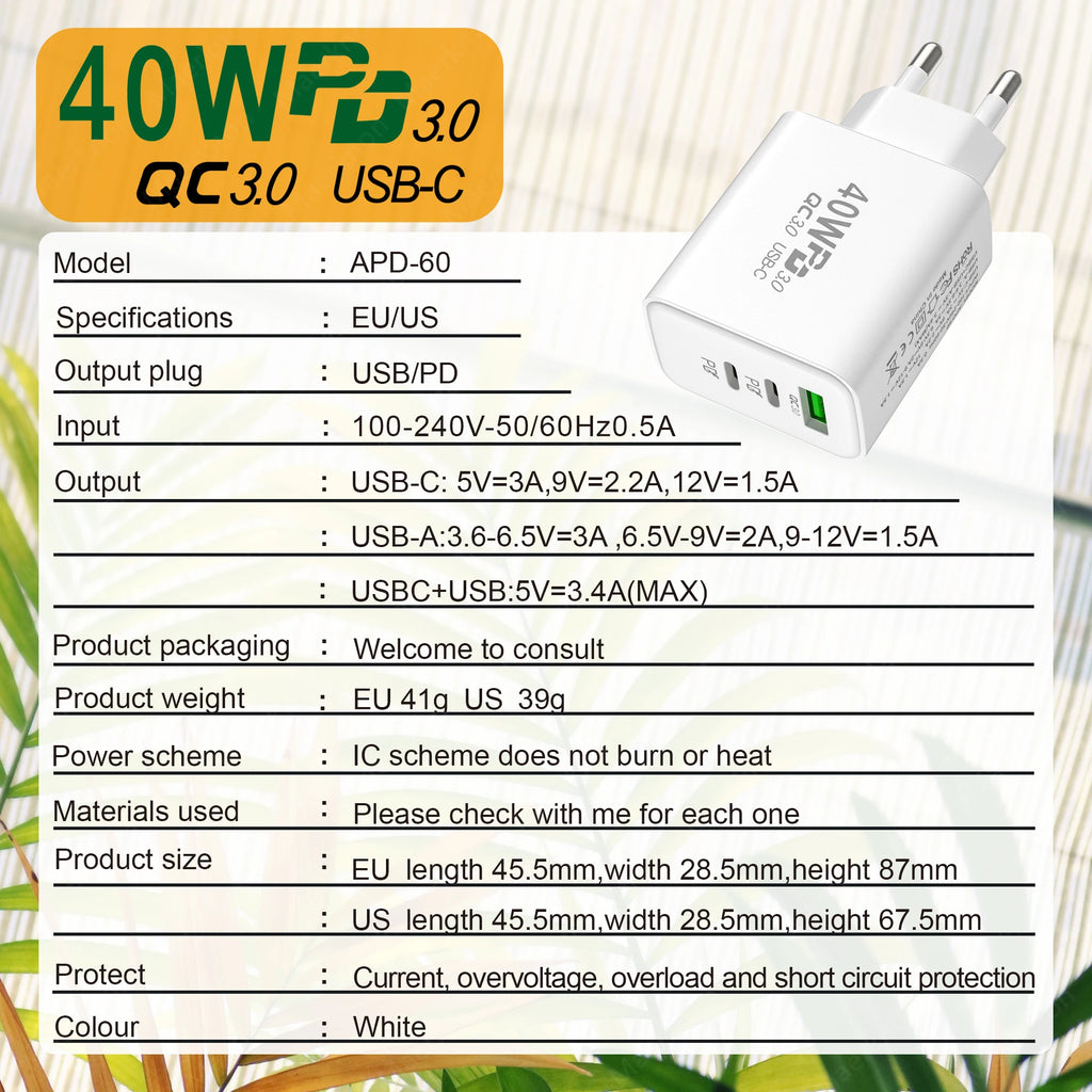 Total 60W USB PD Fast Charger 3 Ports EU/US Plug Wall Charger Adapter For iPhone 15 14 Xiaomi Samsung Huawei USB C Phone Charger