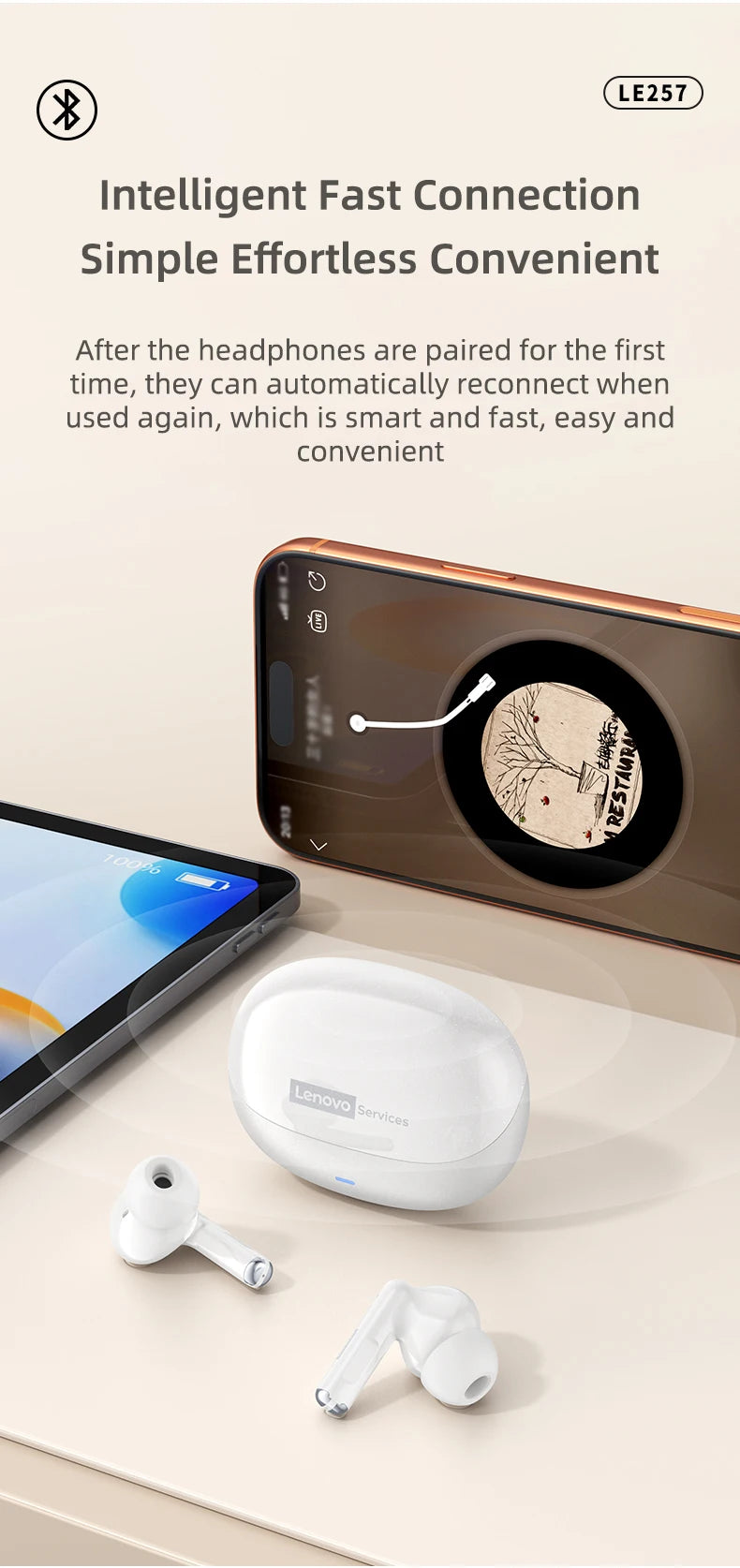  Lenovo LE257 Headphones TWS Wireless Bluetooth 6.0 Earphone HiFi Sound ENC Call Noise Reduction Gaming Sports Earbuds With Mic