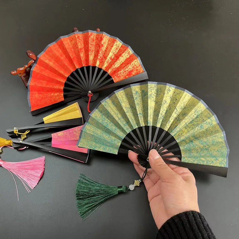 4-6 Inch Mini Fan Colorful Dark Green Gilded Rice Paper Folding Fan Calligraphy And Painting Children'S Hanfu Fan Portable Fan