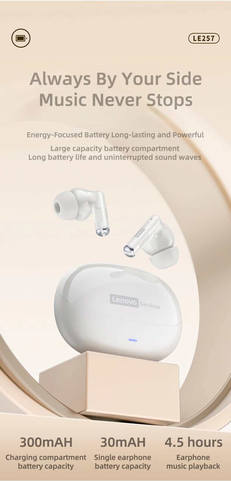  Lenovo LE257 Headphones TWS Wireless Bluetooth 6.0 Earphone HiFi Sound ENC Call Noise Reduction Gaming Sports Earbuds With Mic