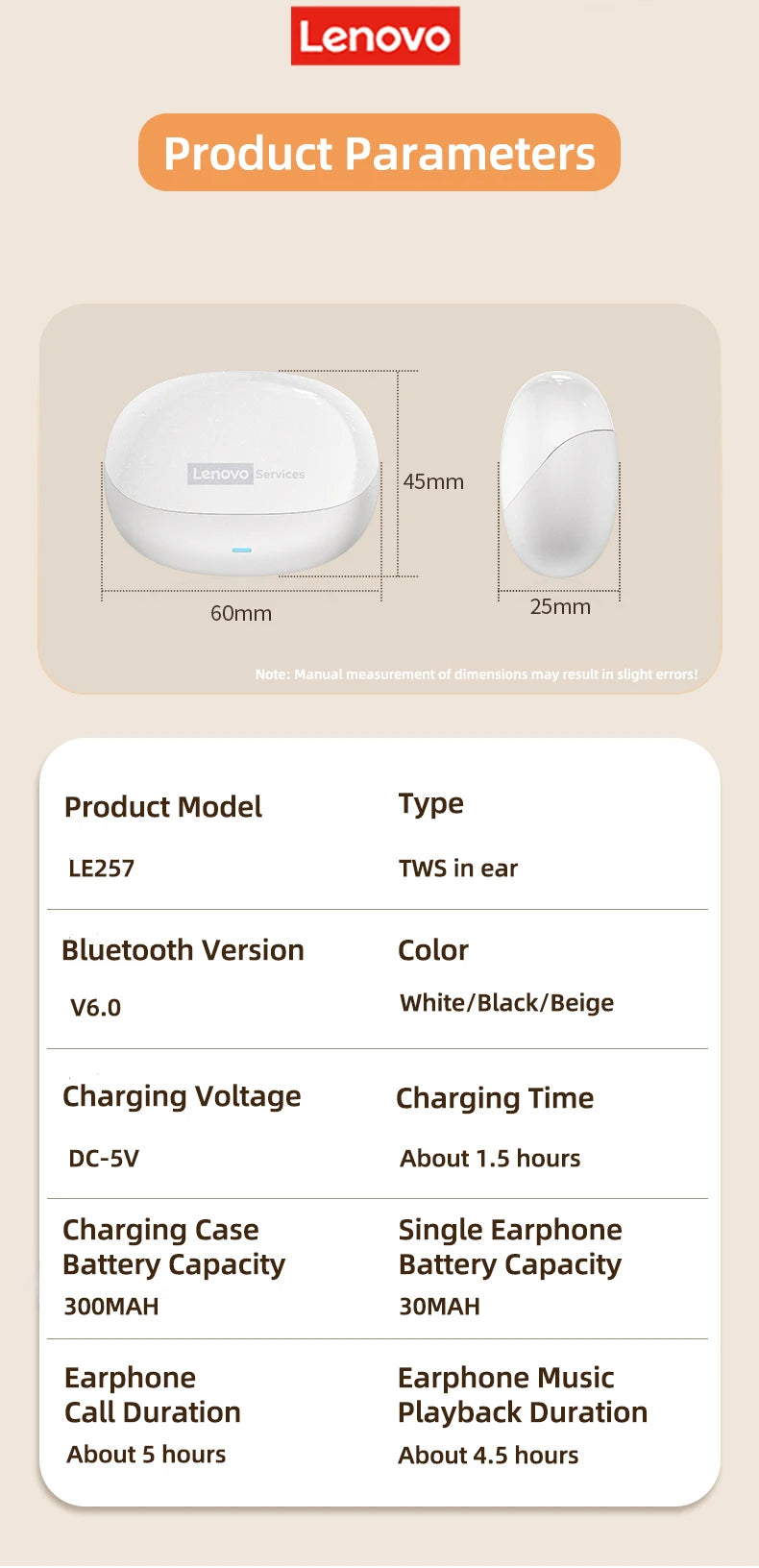  Lenovo LE257 Headphones TWS Wireless Bluetooth 6.0 Earphone HiFi Sound ENC Call Noise Reduction Gaming Sports Earbuds With Mic