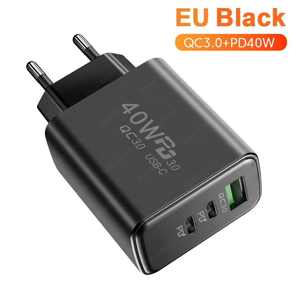 Total 60W USB PD Fast Charger 3 Ports EU/US Plug Wall Charger Adapter For iPhone 15 14 Xiaomi Samsung Huawei USB C Phone Charger